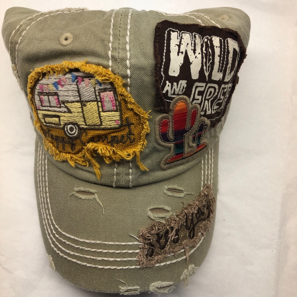 New Kbethos Vintage cap wild and free happy camper patches army green